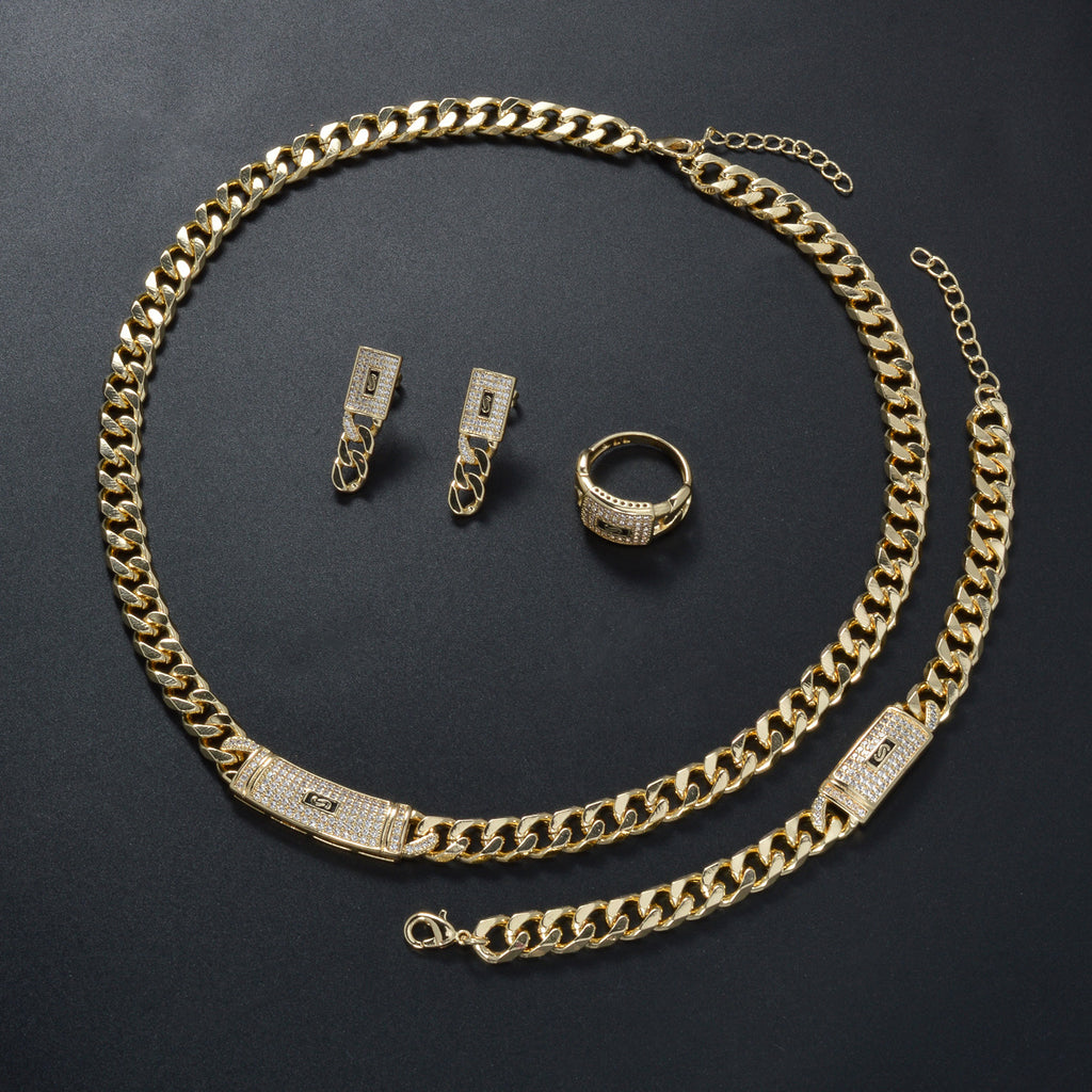 18K Gold Plated Cuban Chain Rhinestone Jewelry Set